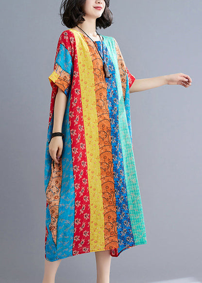 Blue Green Striped Patchwork Long Dress Short Sleeve