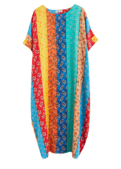 Blue Green Striped Patchwork Long Dress Short Sleeve