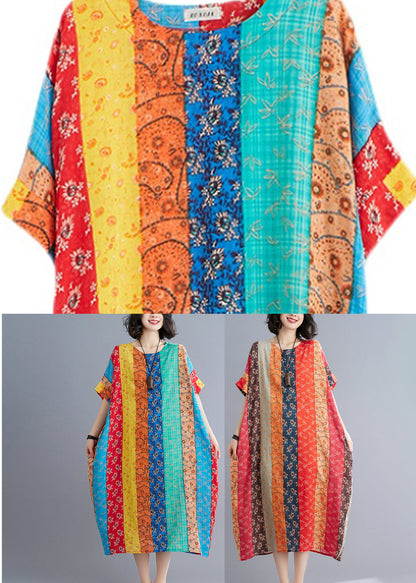 Blue Green Striped Patchwork Long Dress Short Sleeve