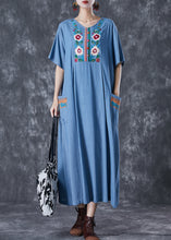 Load image into Gallery viewer, Blue Grey Linen Dress Embroidered Pockets Summer