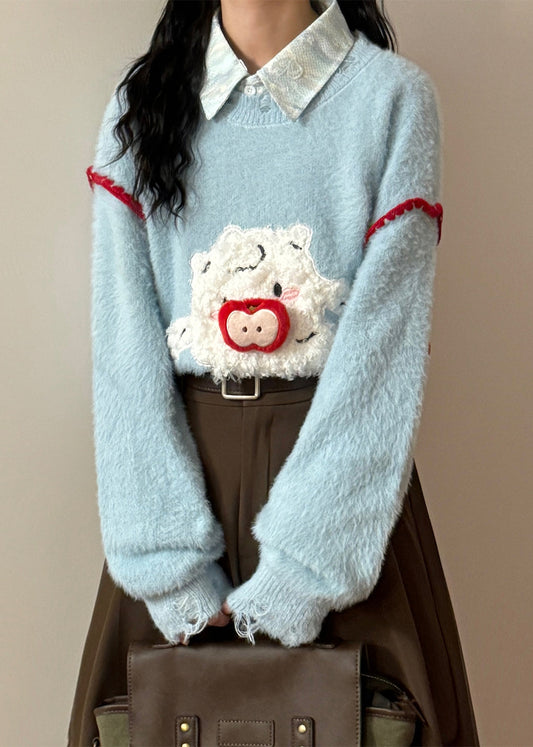 Blue Hole Little Lamb Patchwork Knit Sweaters O Neck Spring