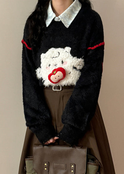 Blue Hole Little Lamb Patchwork Knit Sweaters O Neck Spring