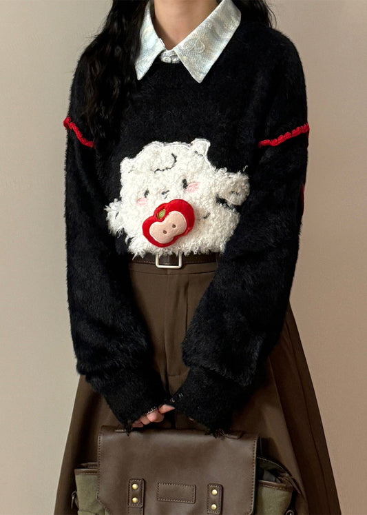 Blue Hole Little Lamb Patchwork Knit Sweaters O Neck Spring