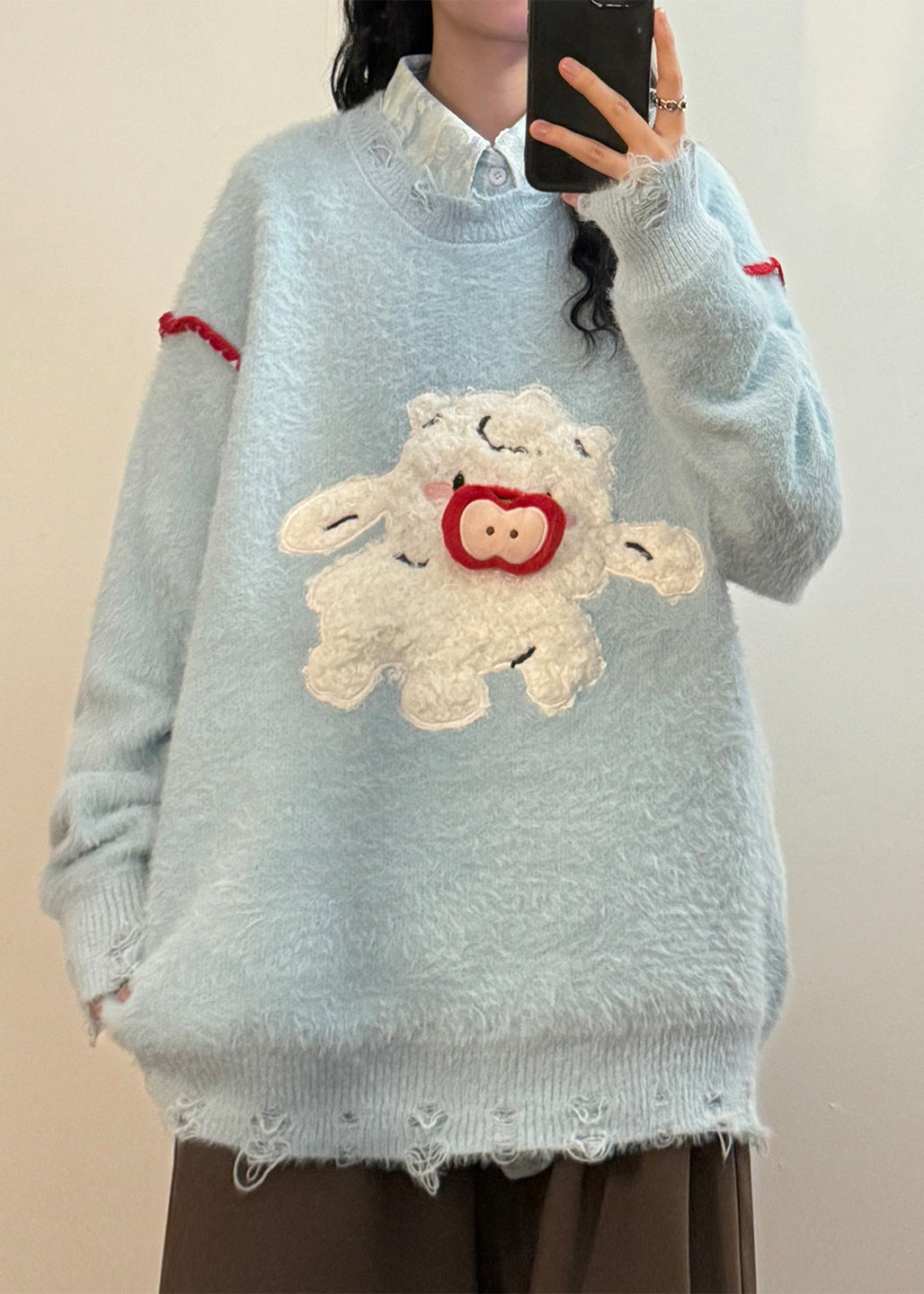 Blue Hole Little Lamb Patchwork Knit Sweaters O Neck Spring