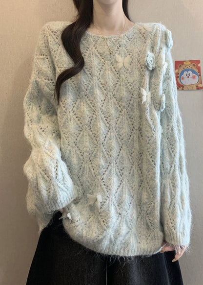 Blue Hollow Out Floral Knit Knit Shirts O Neck Long Sleeve