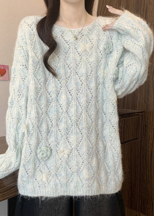 Blue Hollow Out Floral Knit Knit Shirts O Neck Long Sleeve