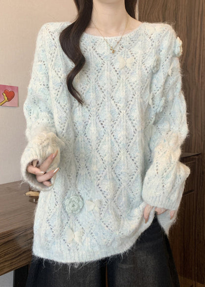 Blue Hollow Out Floral Knit Knit Shirts O Neck Long Sleeve