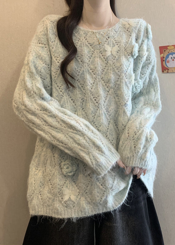 Blue Hollow Out Floral Knit Knit Shirts O Neck Long Sleeve