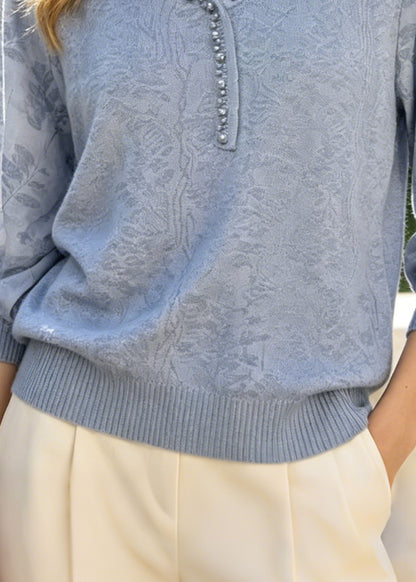 Blue Jacquard Cotton Blouses Handmade Pearl Summer