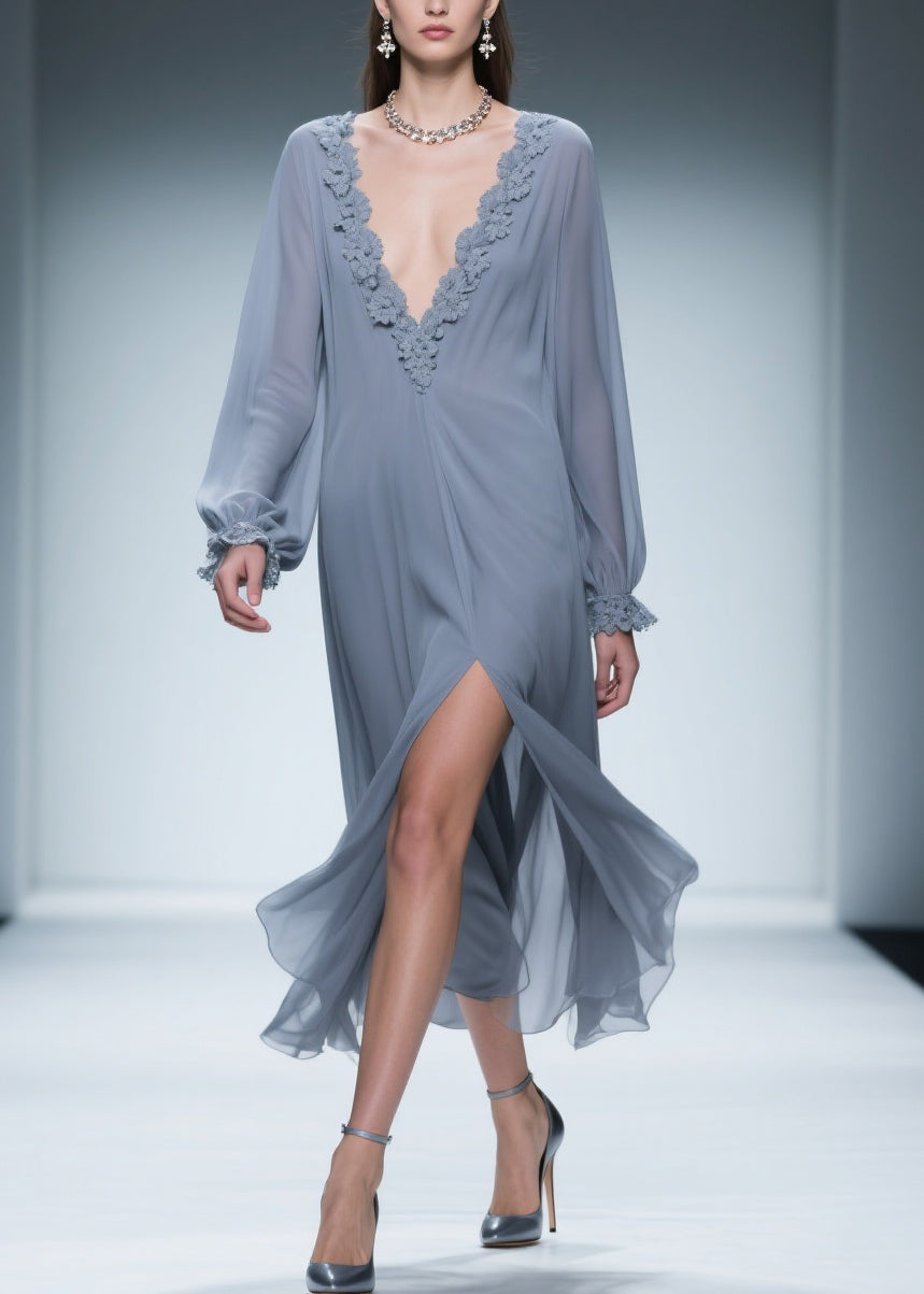 Blue Lace Side Open Chiffon Dress V Neck Butterfly Sleeve