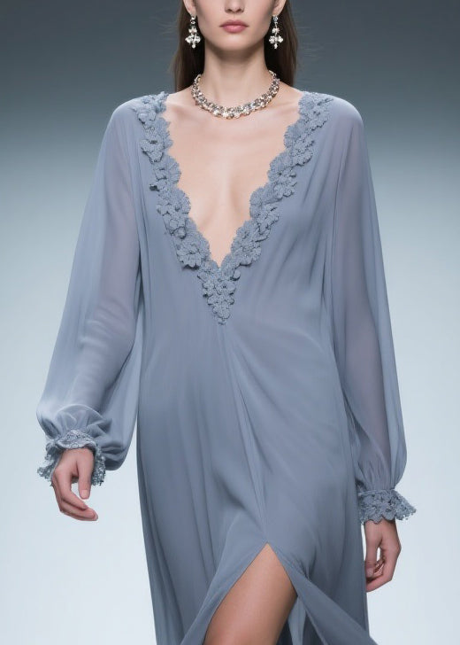 Blue Lace Side Open Chiffon Dress V Neck Butterfly Sleeve
