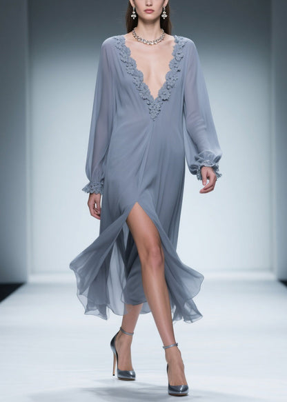 Blue Lace Side Open Chiffon Dress V Neck Butterfly Sleeve