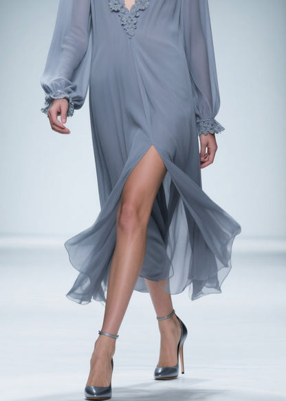 Blue Lace Side Open Chiffon Dress V Neck Butterfly Sleeve