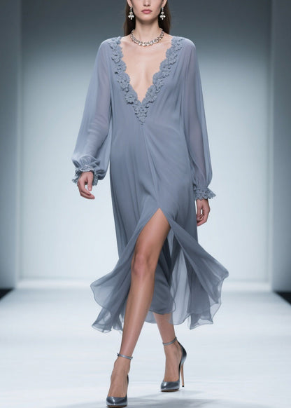 Blue Lace Side Open Chiffon Dress V Neck Butterfly Sleeve