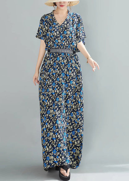 Blue Lace Up Pockets Cotton Long Dresses V Neck Summer