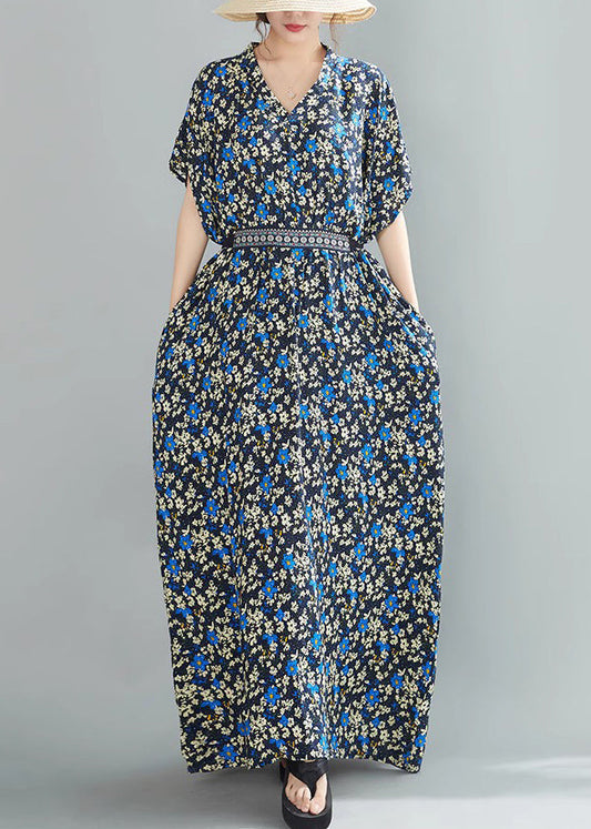 Blue Lace Up Pockets Cotton Long Dresses V Neck Summer