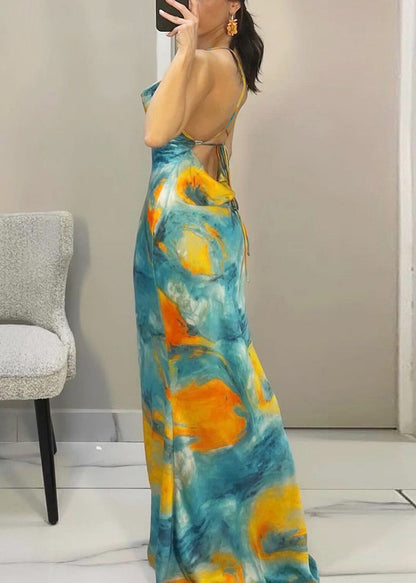 Blue Lace Up Spaghetti Strap Dress Backless Sleeveless