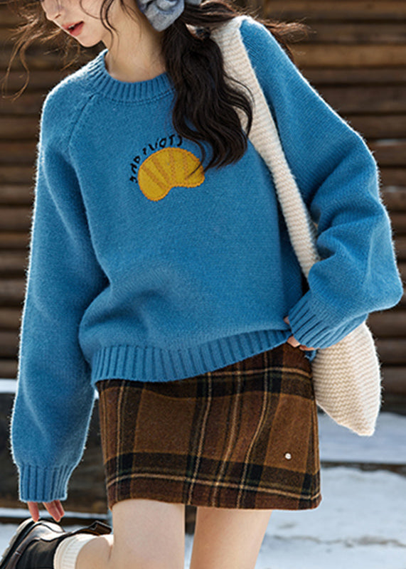 Blue O-Neck Patchwork Cozy Cotton Knit Sweater Spring