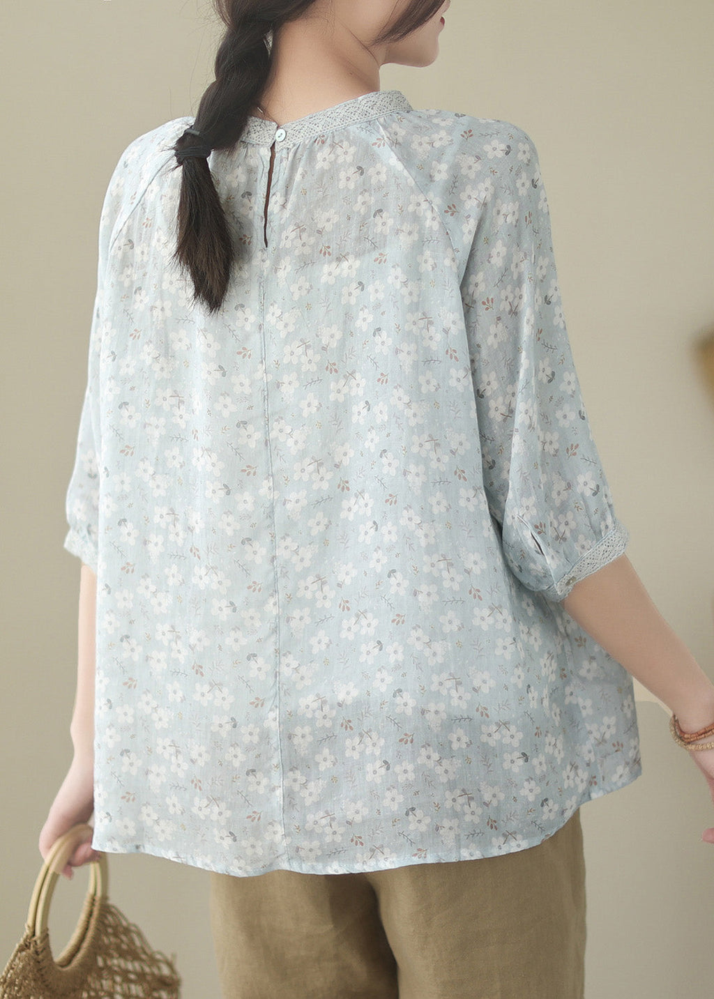Blue O-Neck Patchwork Ramie Shirts Half Sleeve