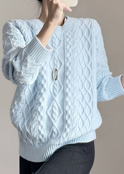 Blue O-Neck Solid Cable Cotton Knit Sweaters Fall