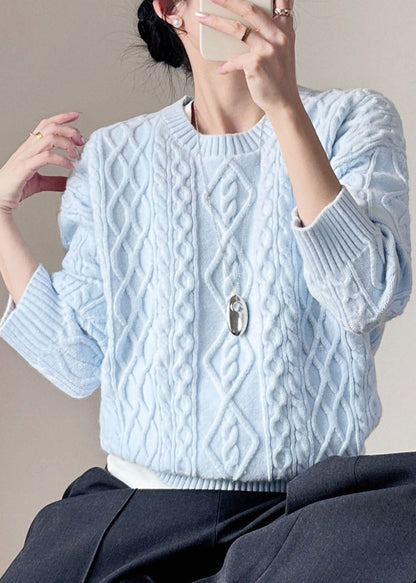 Blue O-Neck Solid Cable Cotton Knit Sweaters Fall