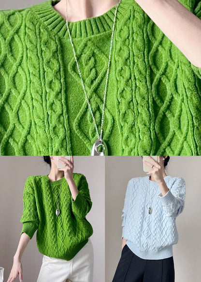 Blue O-Neck Solid Cable Cotton Knit Sweaters Fall
