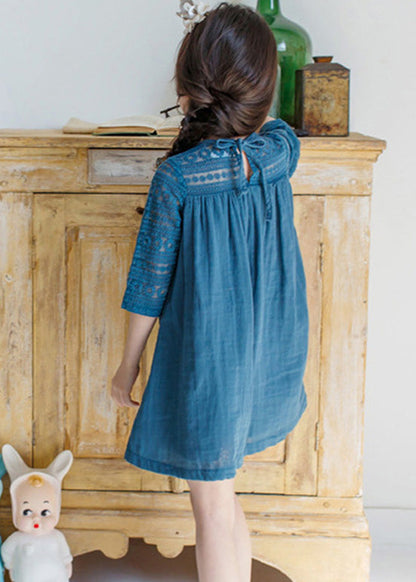 Blue O-Neck Wrinkled Cotton Girls Mid Dresses Half Sleeve