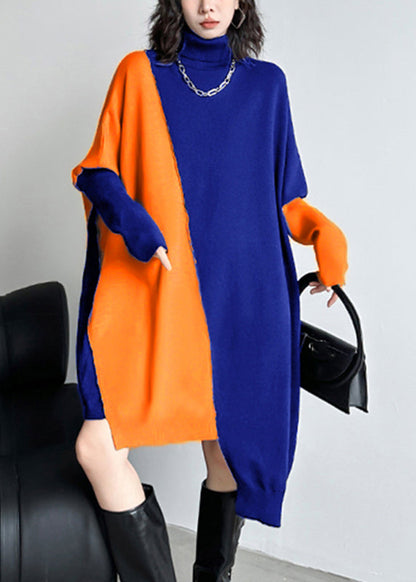 Blue Orange Turtleneck Patchwork Cotton Knit Sweater Dress Fall