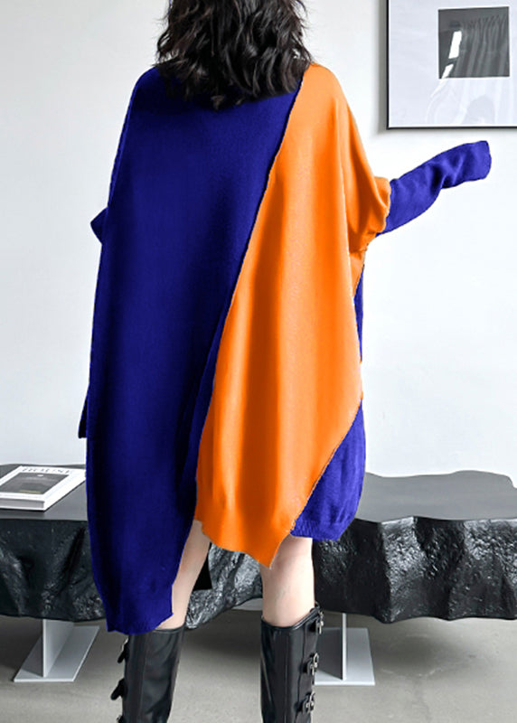 Blue Orange Turtleneck Patchwork Cotton Knit Sweater Dress Fall