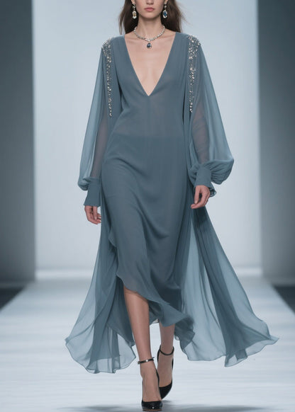 Blue Original Design Solid Chiffon Dress V Neck Lantern Sleeve