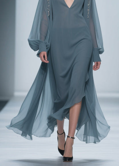 Blue Original Design Solid Chiffon Dress V Neck Lantern Sleeve