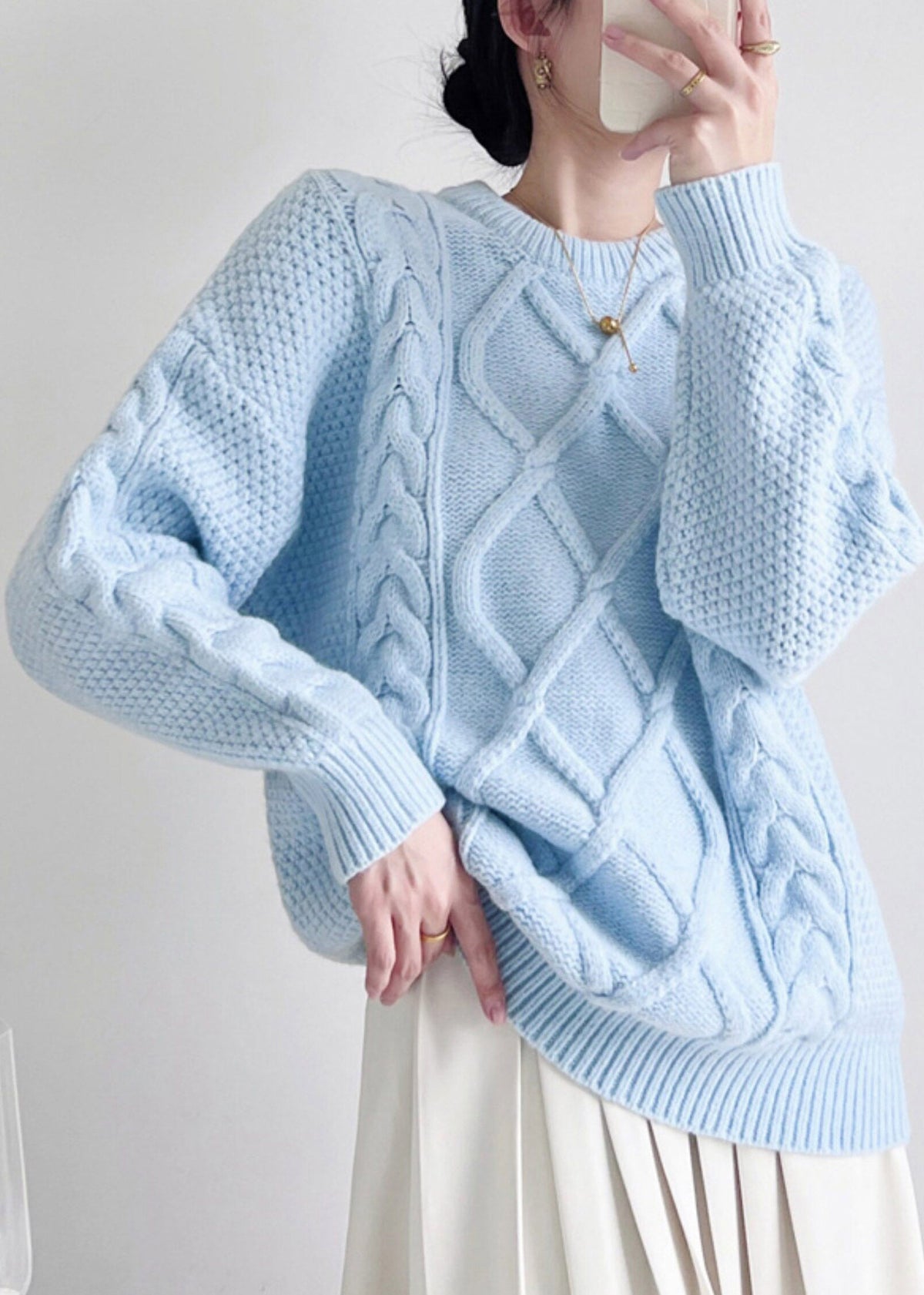 Blue Patchwork Cable Cotton Knit Knit Shirts Long Sleeve