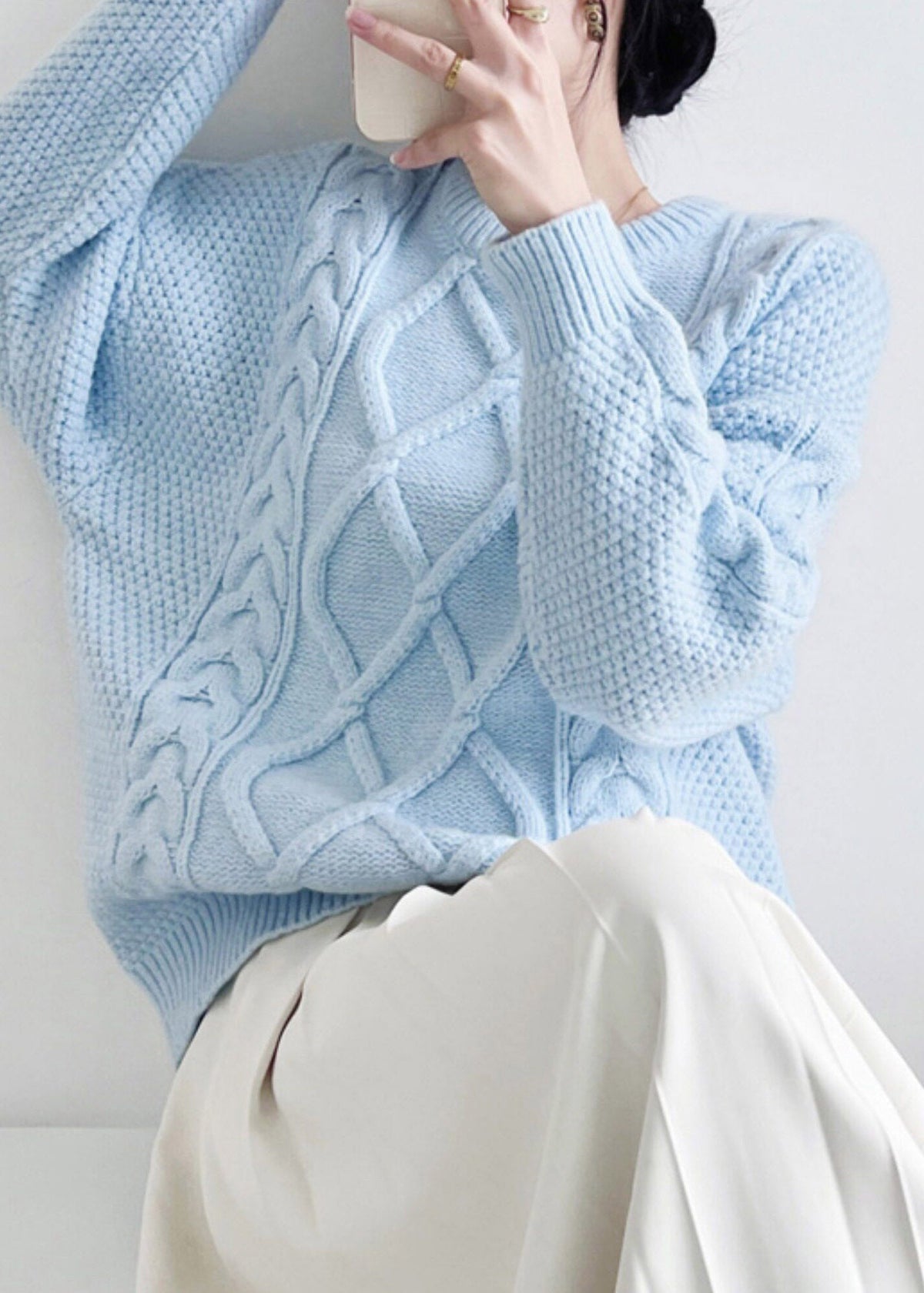 Blue Patchwork Cable Cotton Knit Knit Shirts Long Sleeve