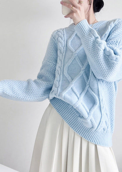 Blue Patchwork Cable Cotton Knit Knit Shirts Long Sleeve