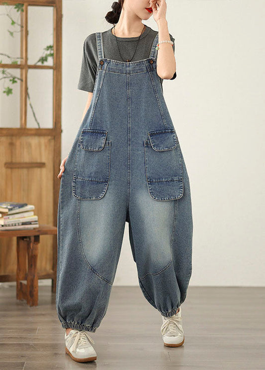 Blue Patchwork Casual Denim Jumpsuit Pockets Spring