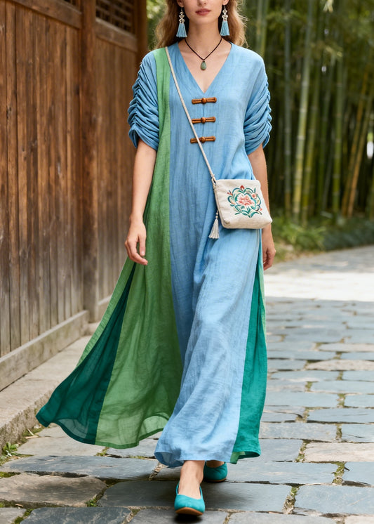 Blue Patchwork Cotton Maxi Dress Asymmetrical Chinese Button Summer