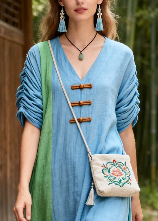 Blue Patchwork Cotton Maxi Dress Asymmetrical Chinese Button Summer