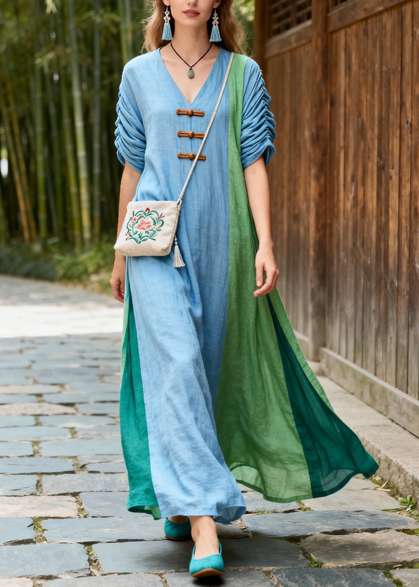 Blue Patchwork Cotton Maxi Dress Asymmetrical Chinese Button Summer