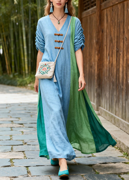 Blue Patchwork Cotton Maxi Dress Asymmetrical Chinese Button Summer