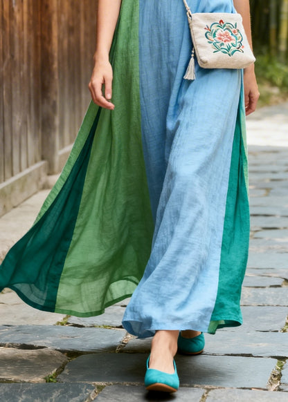 Blue Patchwork Cotton Maxi Dress Asymmetrical Chinese Button Summer