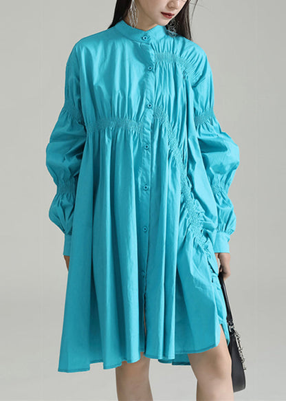 Blue Patchwork Cotton Shirts Dresses Stand Collar Wrinkled Fall