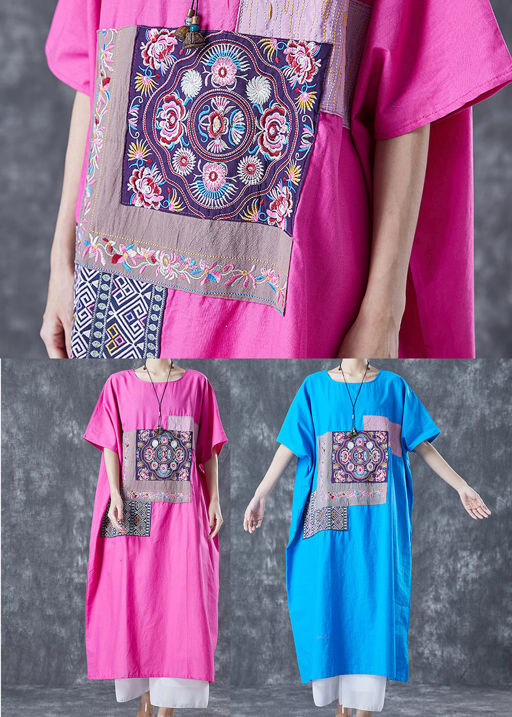 Blue Patchwork Cotton Vacation Dresses Embroideried Applique Summer
