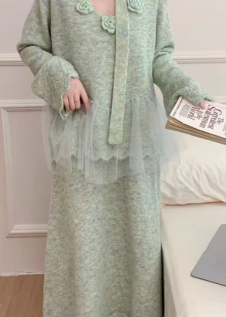 Blue Patchwork Knit Two Pieces Set Oversized Floral Decorated Winter