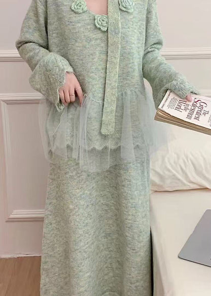 Blue Patchwork Knit Two Pieces Set Oversized Floral Decorated Winter