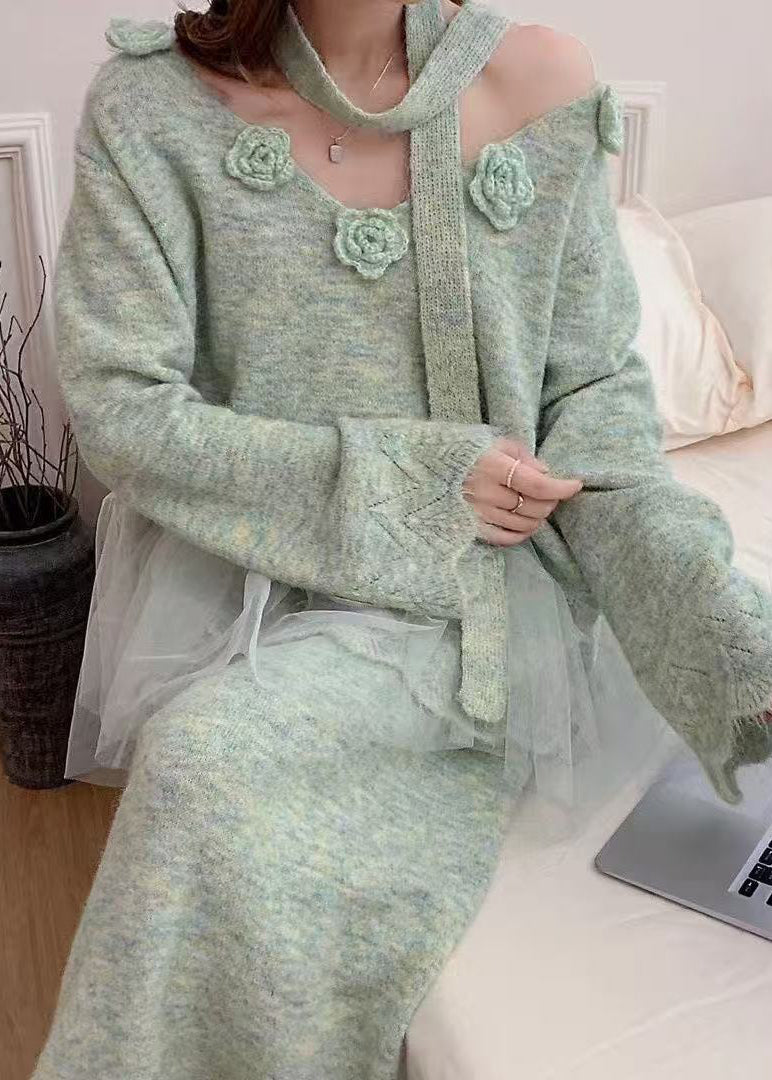 Blue Patchwork Knit Two Pieces Set Oversized Floral Decorated Winter