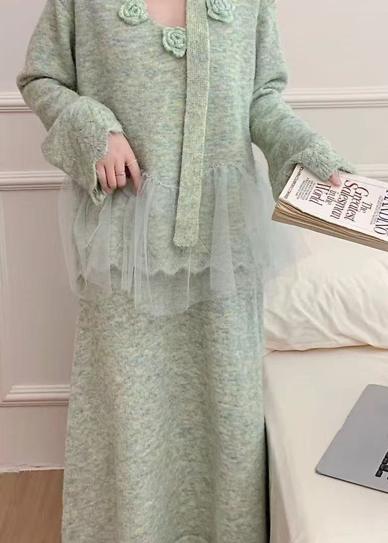 Blue Patchwork Knit Two Pieces Set Oversized Floral Decorated Winter