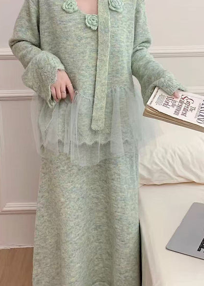 Blue Patchwork Knit Two Pieces Set Oversized Floral Decorated Winter