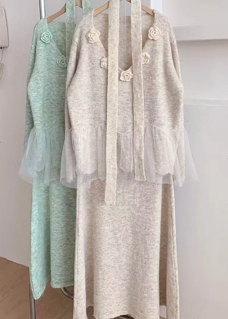 Blue Patchwork Knit Two Pieces Set Oversized Floral Decorated Winter