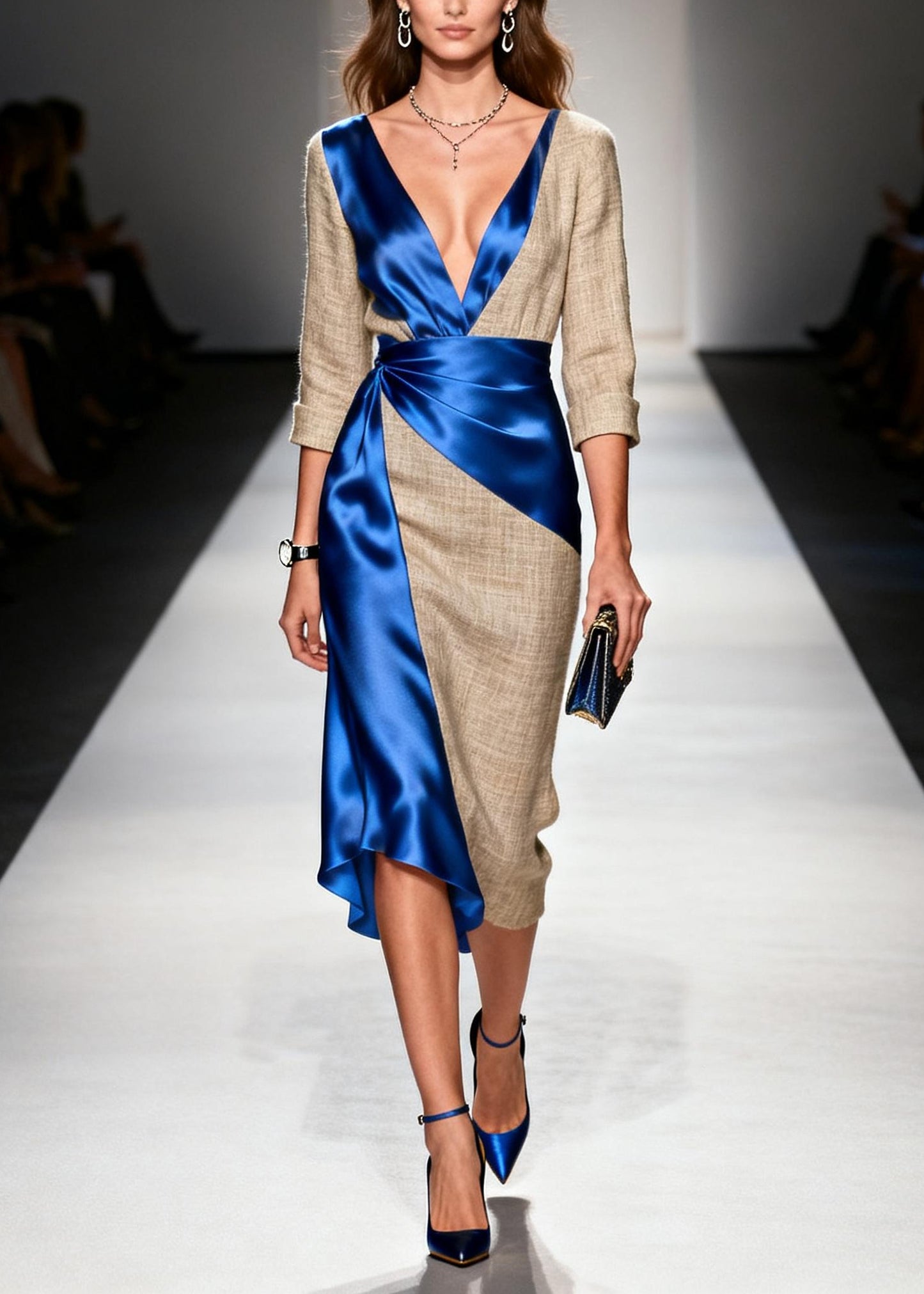 Blue Patchwork Linen Silk Dress Asymmetrical Design Summer