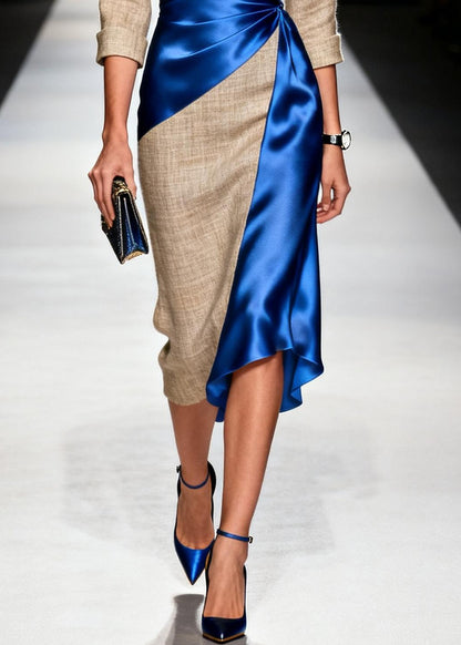 Blue Patchwork Linen Silk Dress Asymmetrical Design Summer